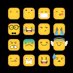 Set of yellow face emoticons icon pack with various facial expressions in flat design on black background.