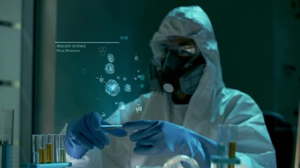 Examination of new dangerous virus strain. Global work to reduce epidemy, diseases and illness in the world. Bio scientist in protective lab clothes holds futuristic graphic hologram interface with 3D - Powered by Adobe