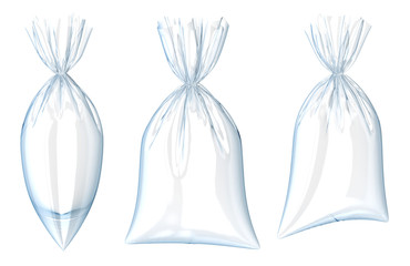 Transparent plastic bags. Set 3d illustration. Isolated on white