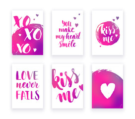 Valentine's day cards with hand lettring and pink gradient details.