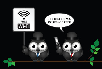 Comical free WIFI sign with businessman accessing the internet 