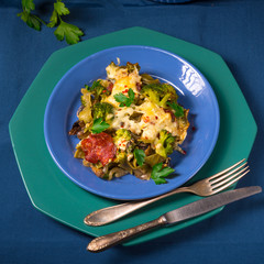 Ribbon pasta Casserole with chorizo and vegetables
