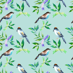 seamless pattern with tea leaves, ribbons and birds in watercolor style. Hand painting elements. Floral background for textile, paper, wallpaper, decoration and wrapping