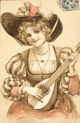 Carte postale ancienne / Femme à la mandoline