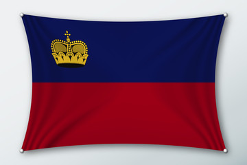 Liechtenstein national flag. Symbol of the country on a stretched fabric with waves attached with pins. Realistic vector illustration.