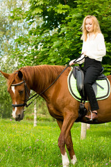 Молодая девушка со светлыми волосами сидит верхом на коричневой лошади в лесу 