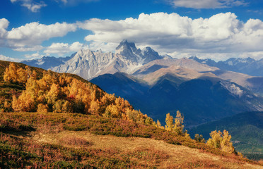 Magic autumn landscape and snow-capped mountain peaks
