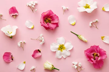 Poster de jardin Fleurs Flat lay flower pattern on pink background. Spring concept. Top view