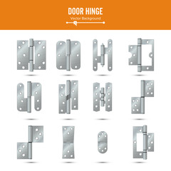 Door Hinge Vector. Set Classic And Industrial Ironmongery Isolated On White Background. Simple Entry Door Metal Hinge Icon. Stainless Steel. Stock Illustration