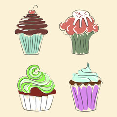 Collection of Hand drawn cupcakes, sketch style. Isolated on white background. Pastel colors. Vector illustration eps 10
