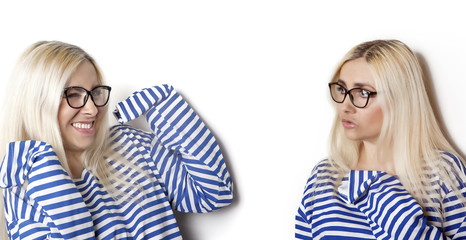 Funny and serious girls in vests with long sleeves. Collage.