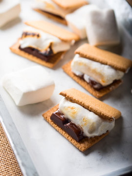 Home Made Smore Marshmallow Treat For Kids Children With Dark Chocolate, Cookies And Smoked Marshmallow