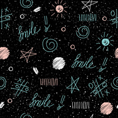Fototapeta na wymiar Doodle elements seamless background. Abstract childish blue, white and pink element
