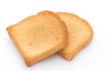 Slices of toast bread on wooden table, top view.