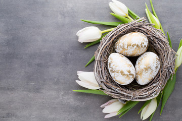 Spring greeting card. Easter eggs in the nest. Spring flowers tu
