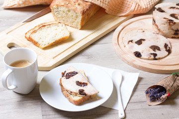 Homemade ham with prunes and homemade wheat bread with seeds