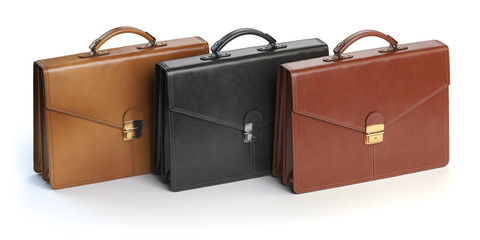 Different briefcases on a white background. Briefcase shop or ma