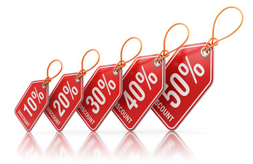 Red price tag labels with percent sale off
