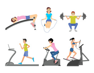 Fototapeta na wymiar Set of vector illustration of people working out in the fitness club or gym
