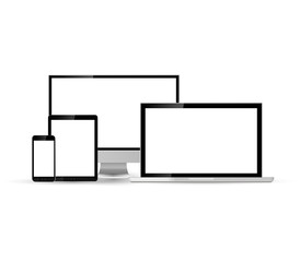 Set of blank screens.Technology device. Computer monitor, laptop, tablet, smartphone isolated on white background.Vector illustration. 