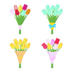 Set of tulip flowers bouquets isolated on white background. Flower arrangement. Vector illustration.