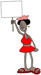 Illustration of a black woman protester carrying a sign and wearing a pink hat with ears.
