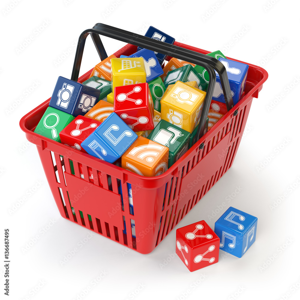 Poster application software icons boxes in the shopping basket isolat