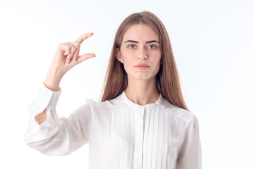 young girl raised up his hand with bent fingers isolated on white background