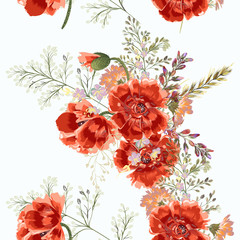 Floral pattern illustration with field poppy flowers  in vintage