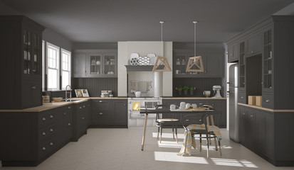 Scandinavian classic gray kitchen with wooden details, minimalis