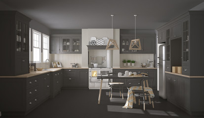 Scandinavian classic gray kitchen with wooden details, minimalis