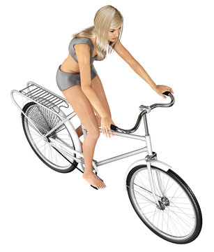 Barefoot girl on a bicycle. 3d illustration. Isolated on white.