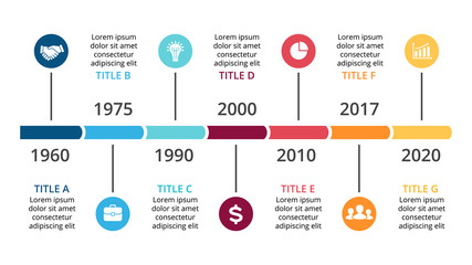 Vector arrows timeline infographic, diagram chart, graph presentation. Business concept with options, parts, steps, processes. 7 time periods and points. Years from past to future.
