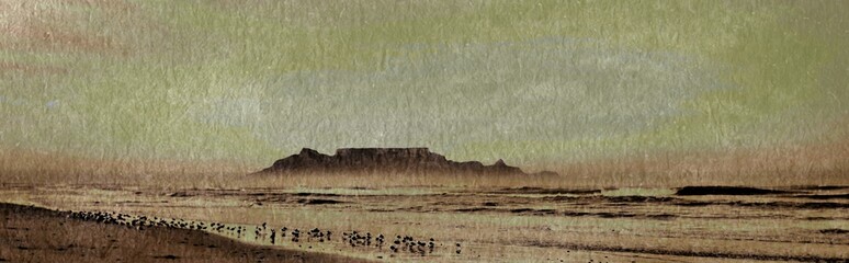 Landscape with beach and Table Mountain at sunrise