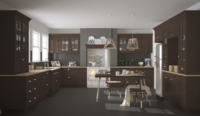 Scandinavian classic kitchen with wooden and brown details, mini