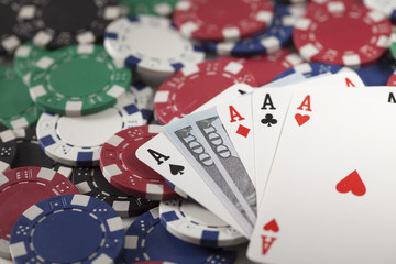 Gambling chip, money and poker
