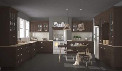 Scandinavian classic kitchen with wooden and brown details, mini