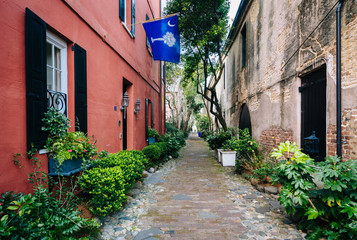 Narrow cobblestone street and old buildings in Charleston, South - obrazy, fototapety, plakaty