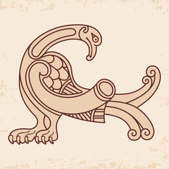 Celtic zoomorphic national figure. Ornament with bird on a beige background with aging effect.