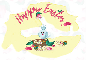 Vector happy Easter card – bird in a nest with Easter eggs, pink flowers and fallen petals, sign Happy Easter, pattern background.