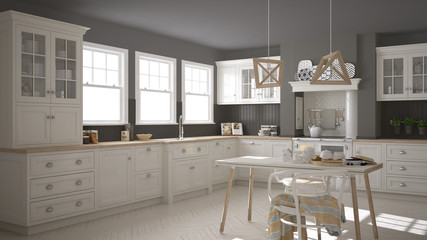 Scandinavian classic white kitchen with wooden details, minimali