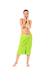 Young beautiful woman after bath full portrait isolated over white.