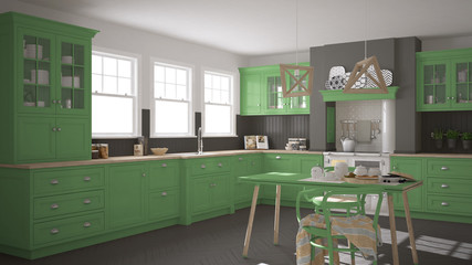 Scandinavian classic kitchen with wooden and green details, mini