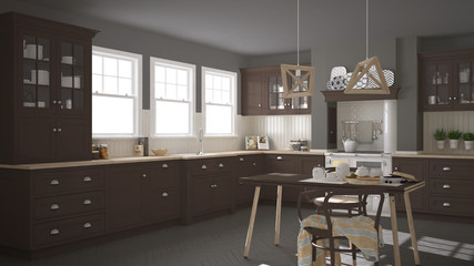 Scandinavian classic kitchen with wooden and brown details, mini