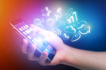 Concept of business hand drawn icon flying out a smartphone - Te
