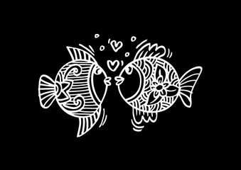 Two fishs  in love. Hand Drawn Fish.