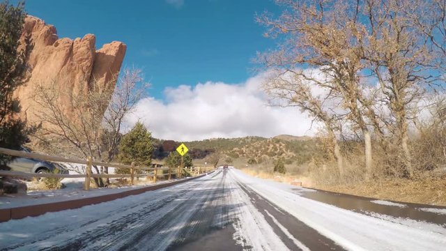 POV point of view - Driving through Garden of the Gods on late morning in the Winter