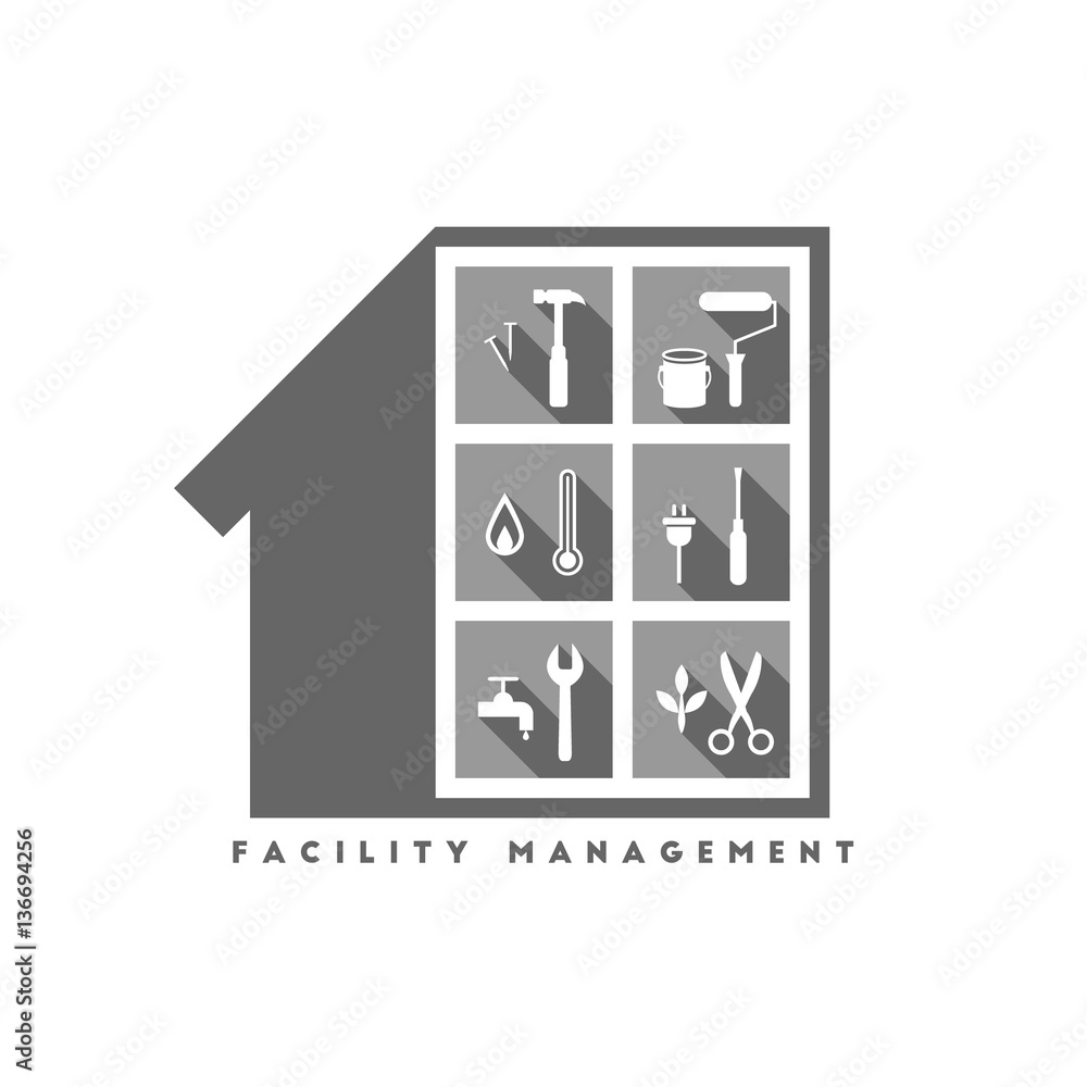 Poster facility management concept with building and various work tools inside