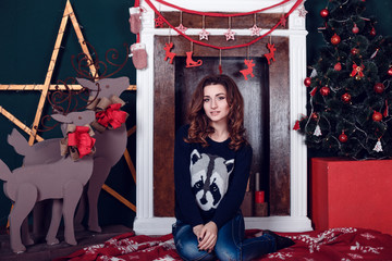 fashion interior photo of beautiful young woman with dark hair and charming smile, posing beside...