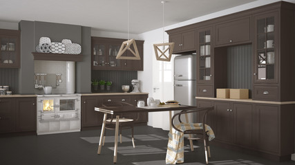 Scandinavian classic kitchen with wooden and brown details, mini